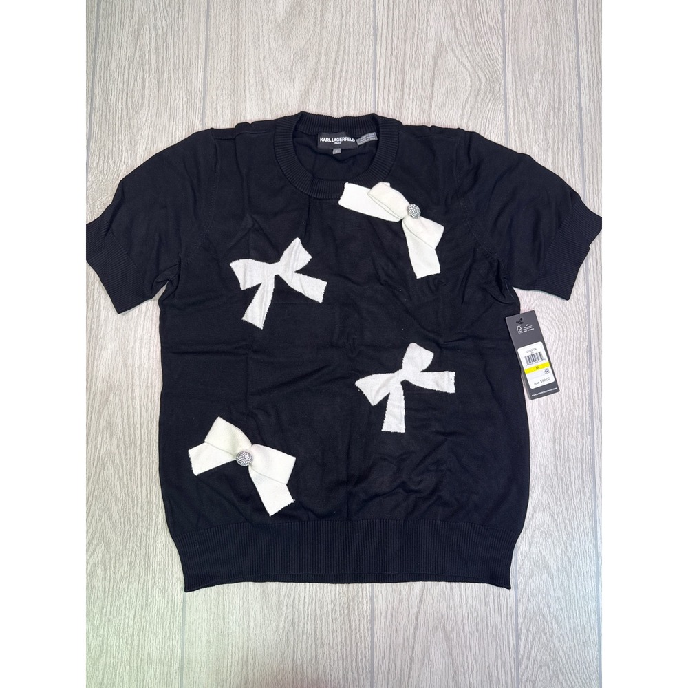Karl Lagerfeld Paris Short Sleeve Sweater In Black With White Bows Size M NWT